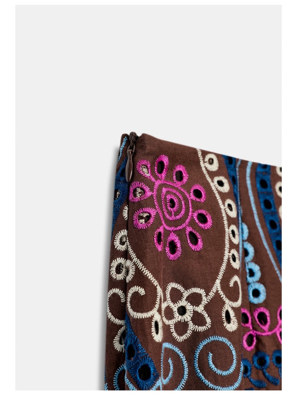 Zara Embroidered Eyelet A-Line Madi  Skirt in Brown with Blue & Pink Accent - Picture 7 of 9